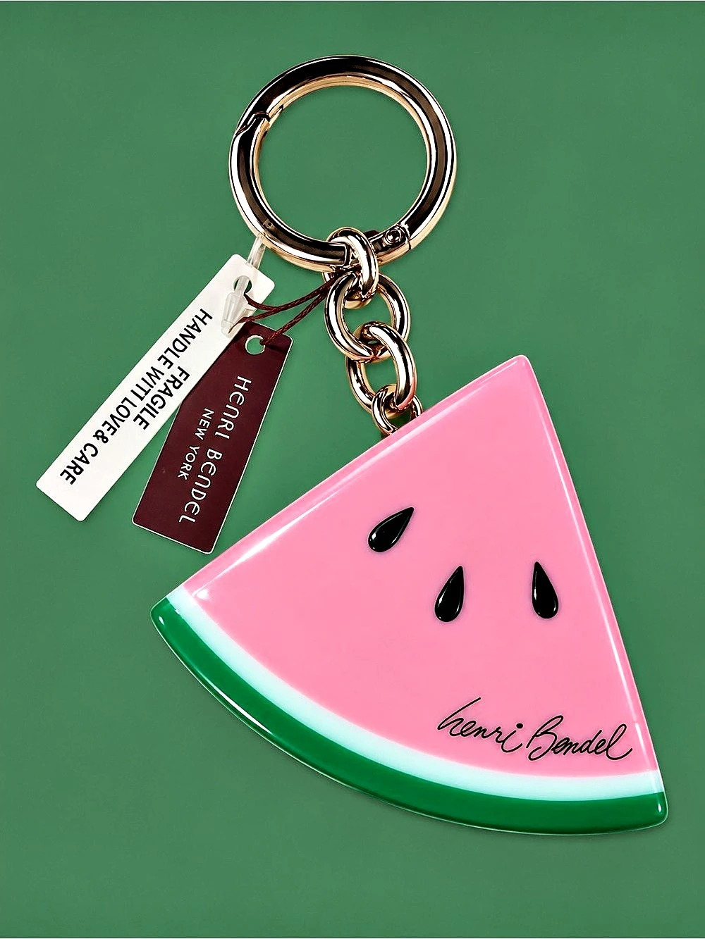 NWT Henri Bendel Watermelon Slice Bag Charm Keychain Pink Green